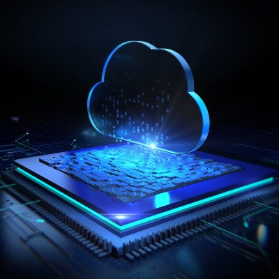 3D cloud computing icon over a microchip representing Tal.AI's cloud-based recruitment solutions.